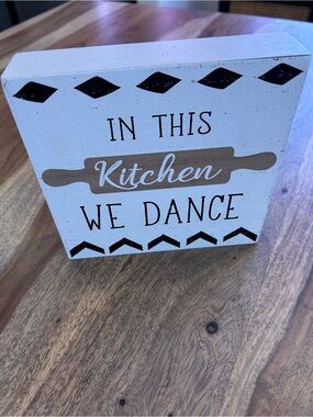 Kitchen We Dance Block Sign - White and Brown
